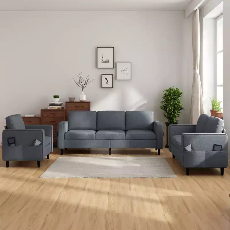 Divano componibile Mjkone 78 in lino, set divano a 3 posti con pouf contenitore e divano a due posti e poltrona