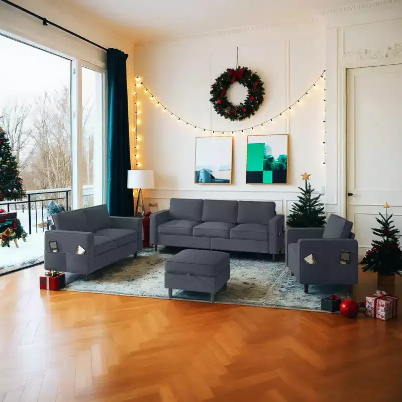 Divano componibile Mjkone 78 in lino, set divano a 3 posti con pouf contenitore e divano a due posti e poltrona