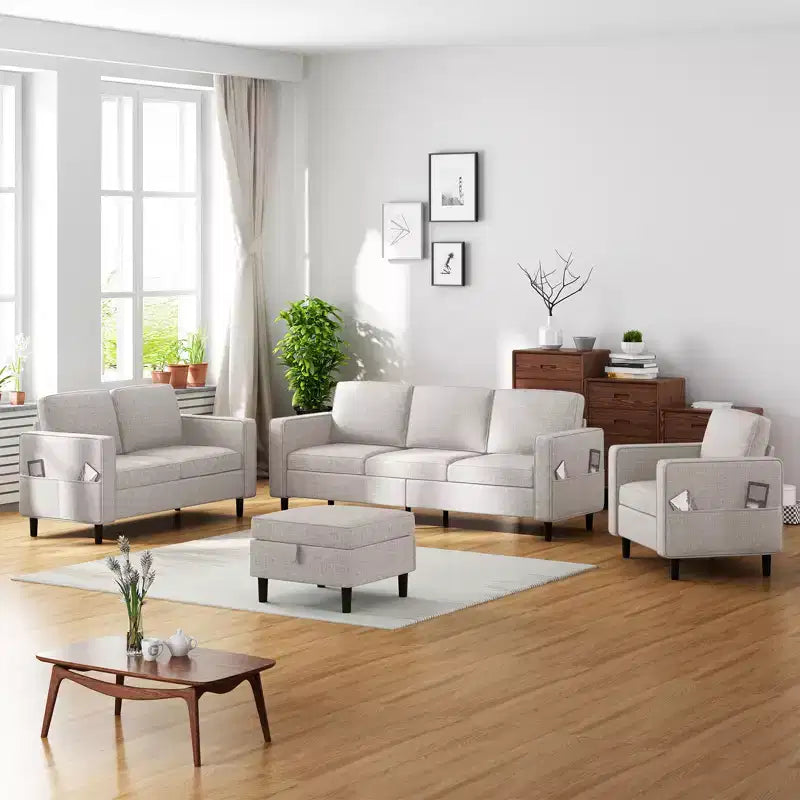 Divano componibile Mjkone 78 in lino, set divano a 3 posti con pouf contenitore e divano a due posti e poltrona
