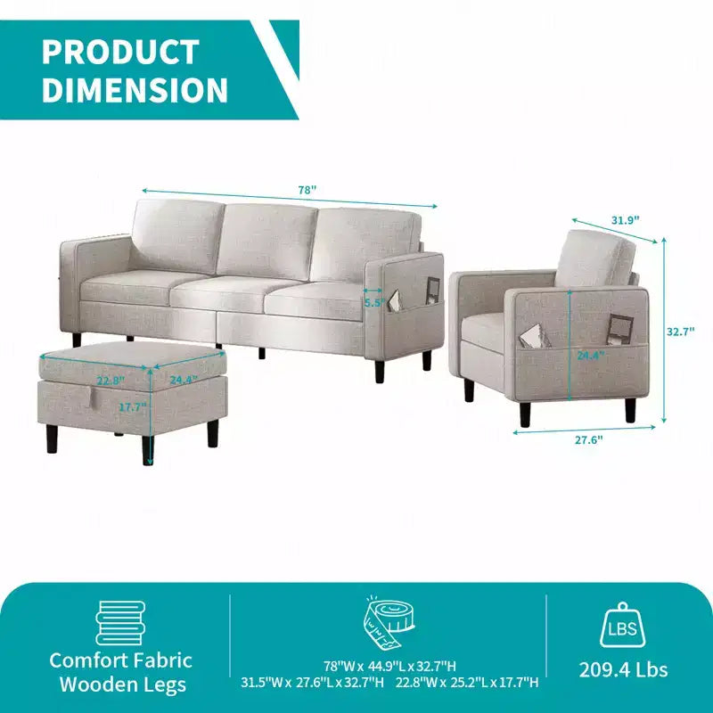 Mjkone Divano letto a 3 posti convertibile in lino con pouf contenitore e poltrona singola con tasca laterale
