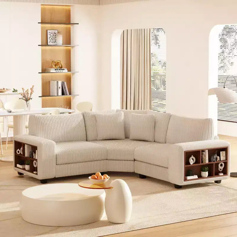 GDFStudio Antonia Modular Beige Corduroy Upholstered L-Sectional Sofa with Built-In Shelf