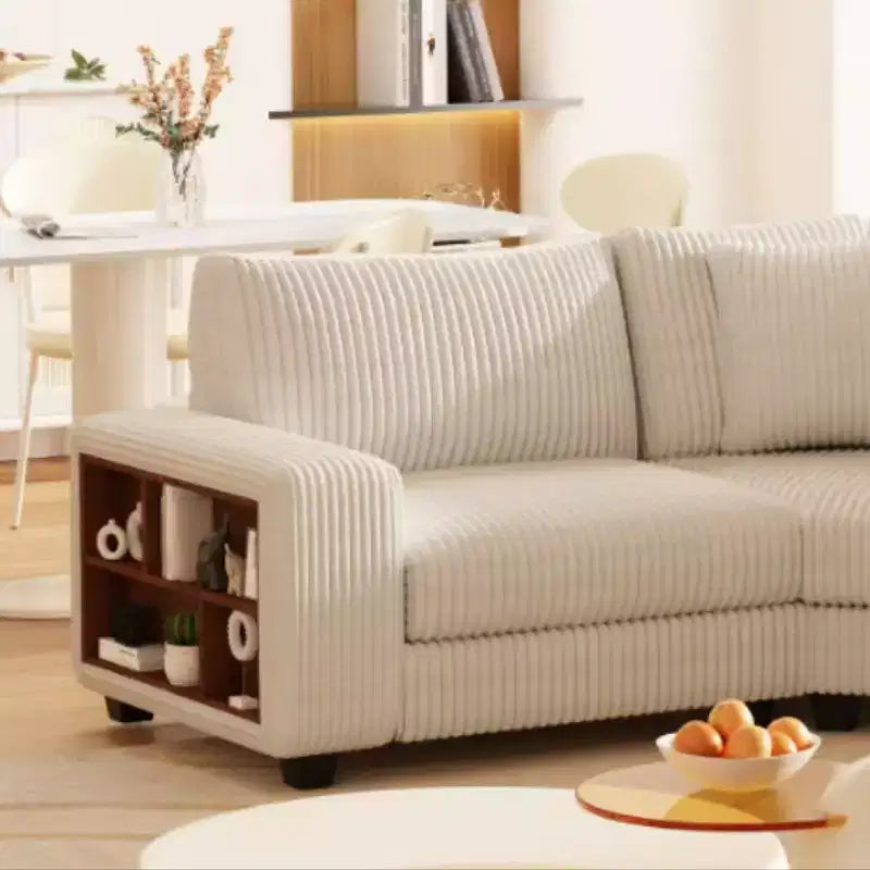GDFStudio Antonia Divano componibile a L rivestito in velluto a coste beige con ripiano integrato