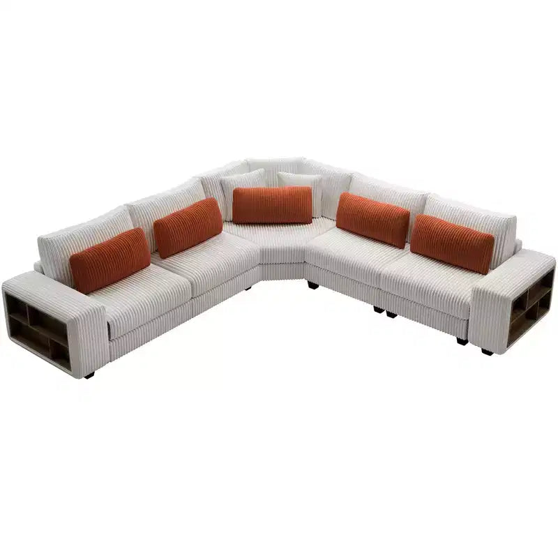 GDFStudio Antonia Divano componibile a L rivestito in velluto a coste beige con ripiano integrato