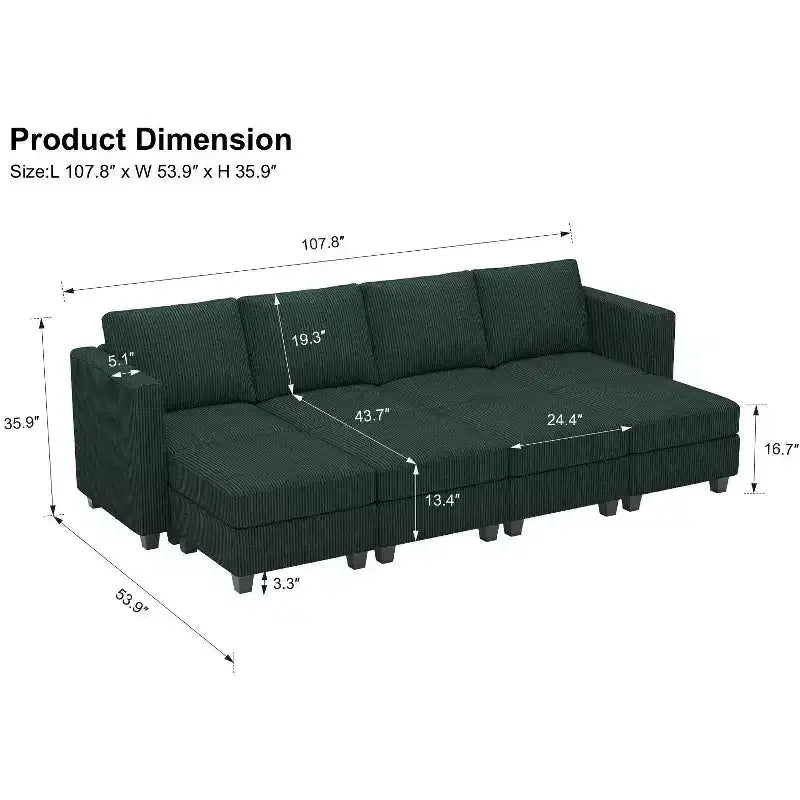 Divano letto modulare di grandi dimensioni Belffin, divano angolare di lusso in velluto a coste con pouf contenitore per soggiorno