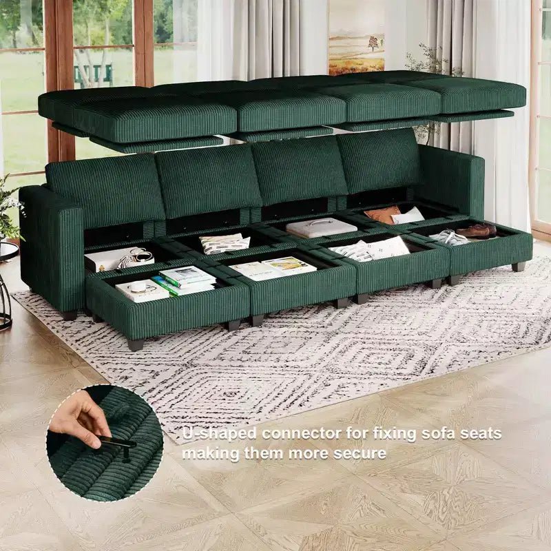Divano letto modulare di grandi dimensioni Belffin, divano angolare di lusso in velluto a coste con pouf contenitore per soggiorno