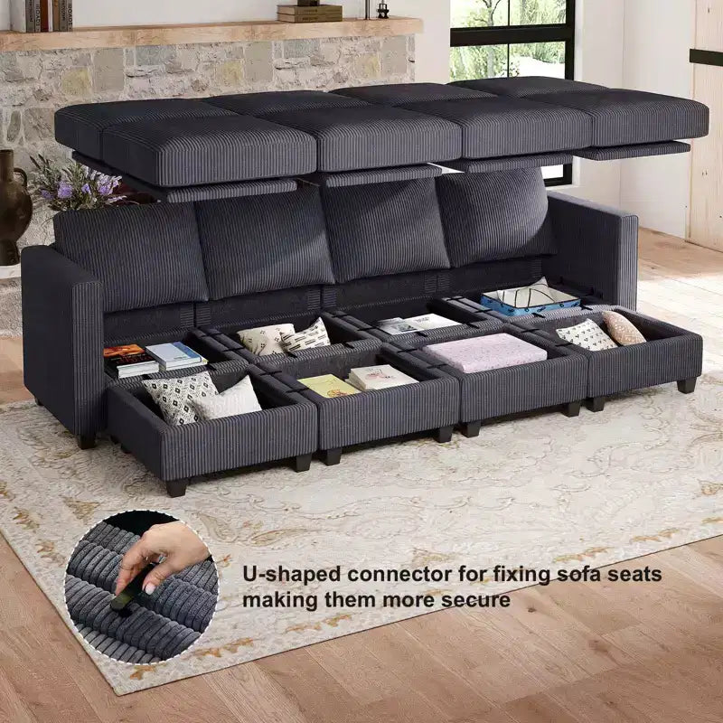 Divano letto modulare di grandi dimensioni Belffin, divano angolare di lusso in velluto a coste con pouf contenitore per soggiorno