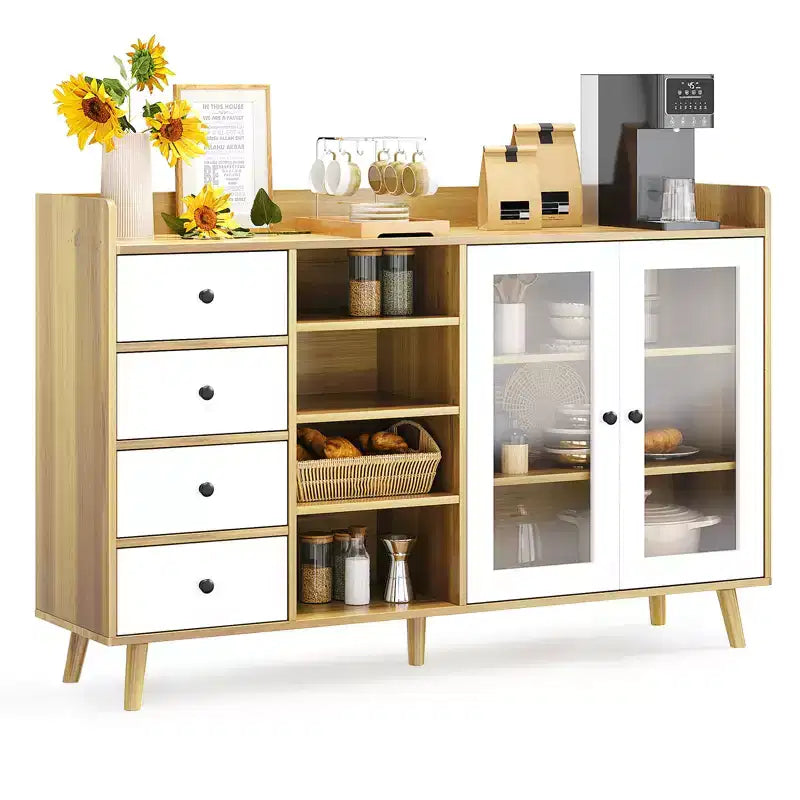 Mobile Buffet Moderno da 140 cm con Stazione Caffè, Ripiani Regolabili e Ante in Vetro per Cucina/Sala da Pranzo