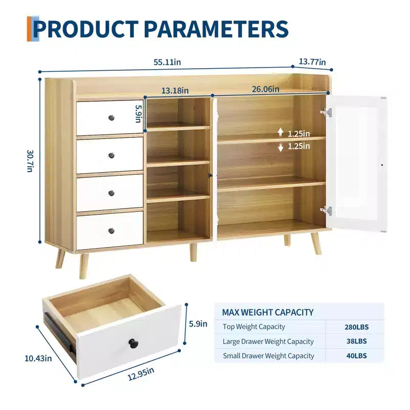 Mobile Buffet Moderno da 140 cm con Stazione Caffè, Ripiani Regolabili e Ante in Vetro per Cucina/Sala da Pranzo