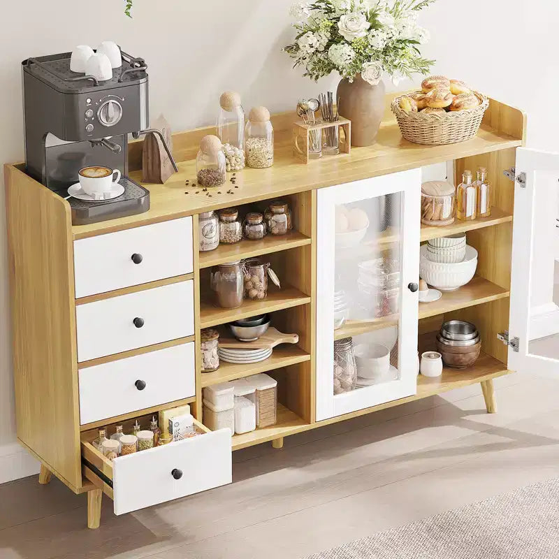 Mobile Buffet Moderno da 140 cm con Stazione Caffè, Ripiani Regolabili e Ante in Vetro per Cucina/Sala da Pranzo