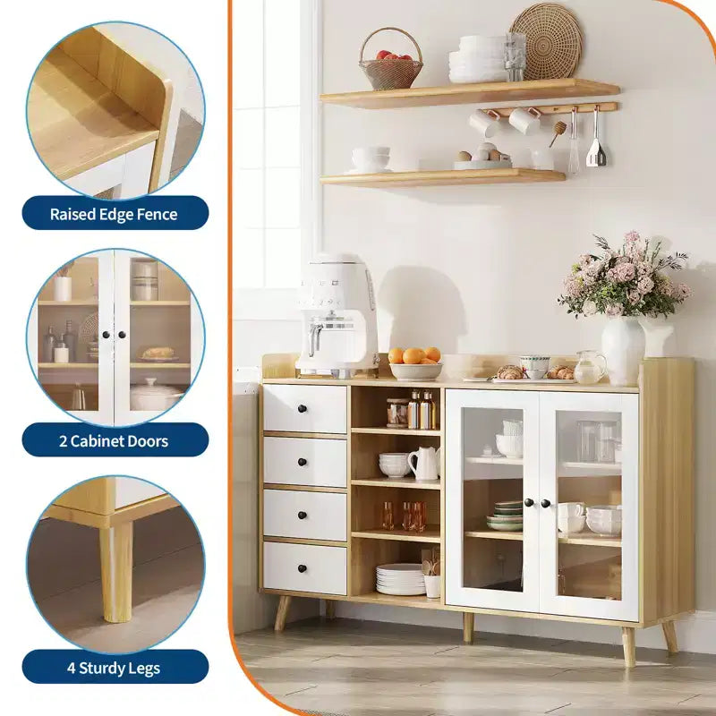 Mobile Buffet Moderno da 140 cm con Stazione Caffè, Ripiani Regolabili e Ante in Vetro per Cucina/Sala da Pranzo