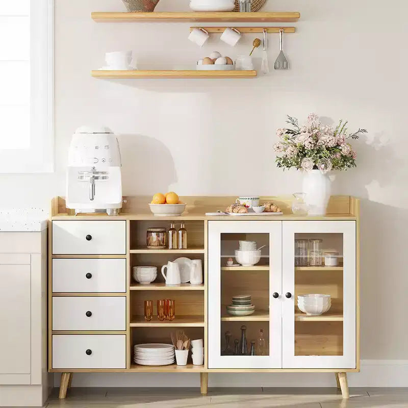 Mobile Buffet Moderno da 140 cm con Stazione Caffè, Ripiani Regolabili e Ante in Vetro per Cucina/Sala da Pranzo
