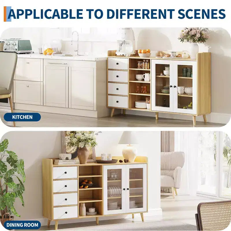Mobile Buffet Moderno da 140 cm con Stazione Caffè, Ripiani Regolabili e Ante in Vetro per Cucina/Sala da Pranzo