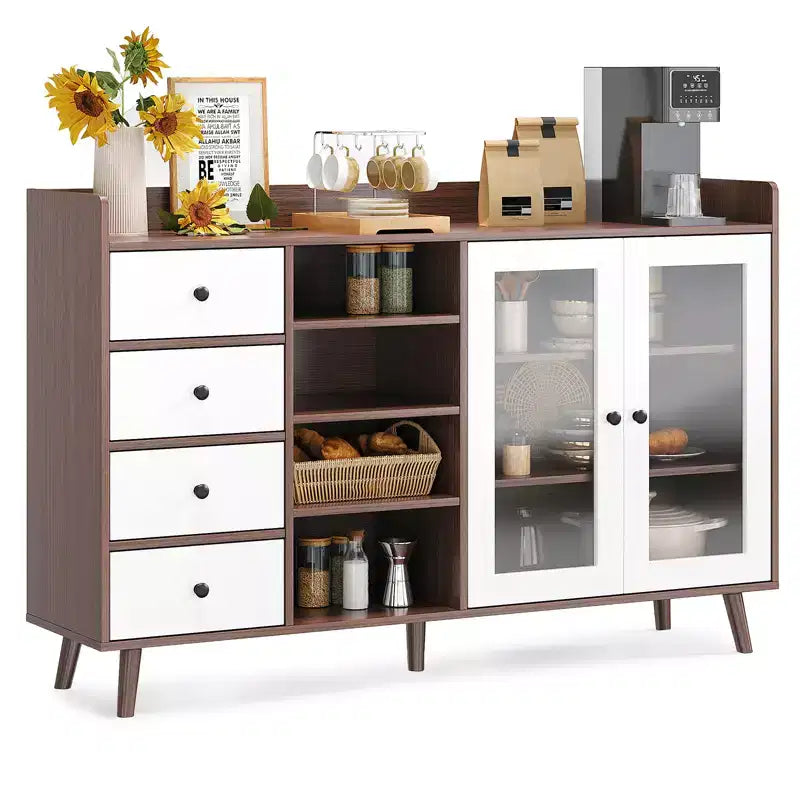 Mobile Buffet Moderno da 140 cm con Stazione Caffè, Ripiani Regolabili e Ante in Vetro per Cucina/Sala da Pranzo