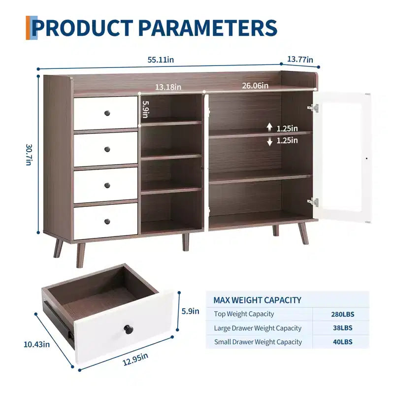 Mobile Buffet Moderno da 140 cm con Stazione Caffè, Ripiani Regolabili e Ante in Vetro per Cucina/Sala da Pranzo