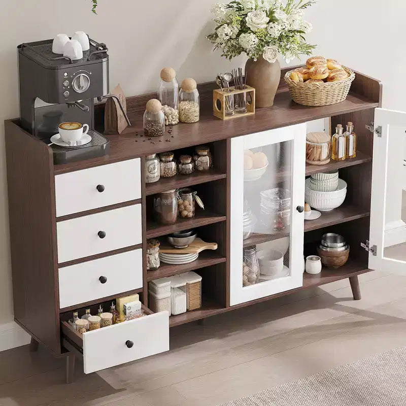Mobile Buffet Moderno da 140 cm con Stazione Caffè, Ripiani Regolabili e Ante in Vetro per Cucina/Sala da Pranzo