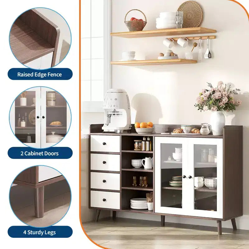Mobile Buffet Moderno da 140 cm con Stazione Caffè, Ripiani Regolabili e Ante in Vetro per Cucina/Sala da Pranzo