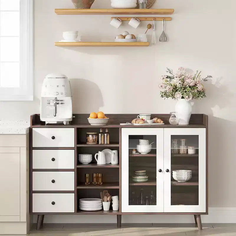 Mobile Buffet Moderno da 140 cm con Stazione Caffè, Ripiani Regolabili e Ante in Vetro per Cucina/Sala da Pranzo