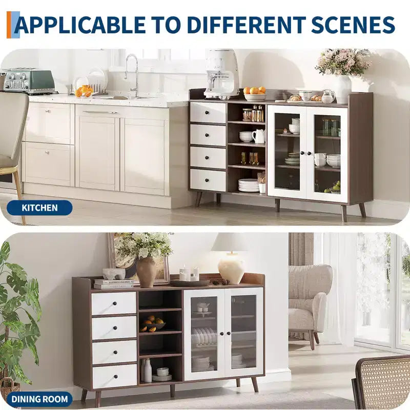 Mobile Buffet Moderno da 140 cm con Stazione Caffè, Ripiani Regolabili e Ante in Vetro per Cucina/Sala da Pranzo