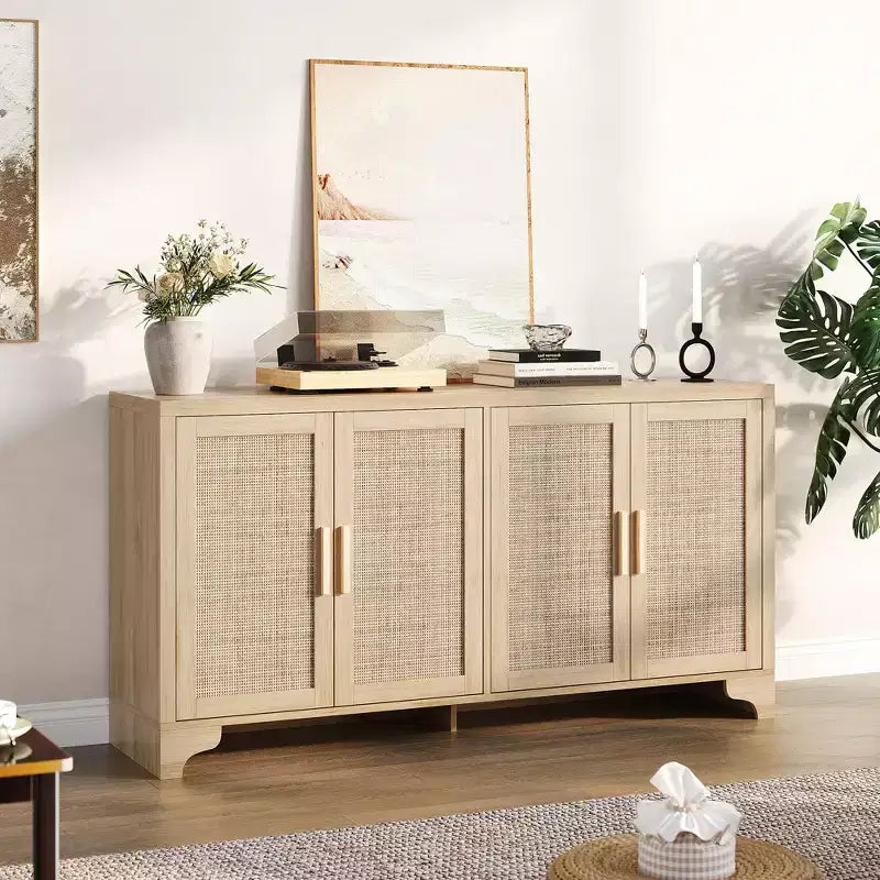 Mobile credenza a buffet in rattan da 62 pollici, armadietto da cucina a 4 ante con ripiani