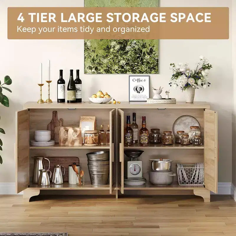 Mobile credenza a buffet in rattan da 62 pollici, armadietto da cucina a 4 ante con ripiani