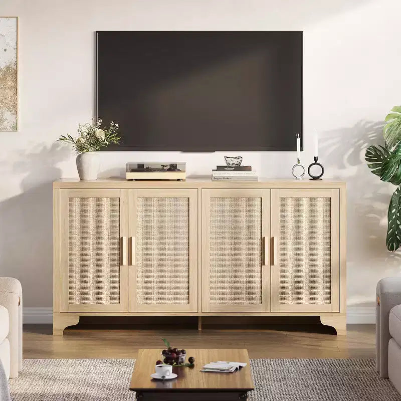 Mobile credenza a buffet in rattan da 62 pollici, armadietto da cucina a 4 ante con ripiani
