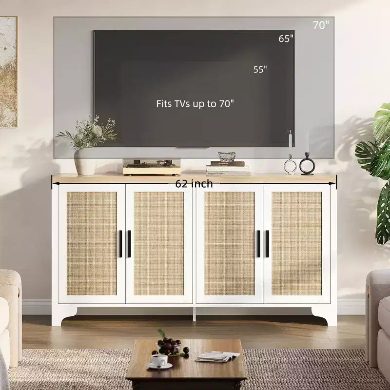 Mobile credenza a buffet in rattan da 62 pollici, armadietto da cucina a 4 ante con ripiani
