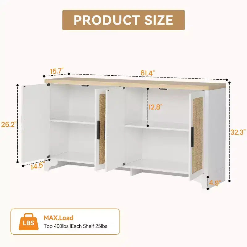 Mobile credenza a buffet in rattan da 62 pollici, armadietto da cucina a 4 ante con ripiani