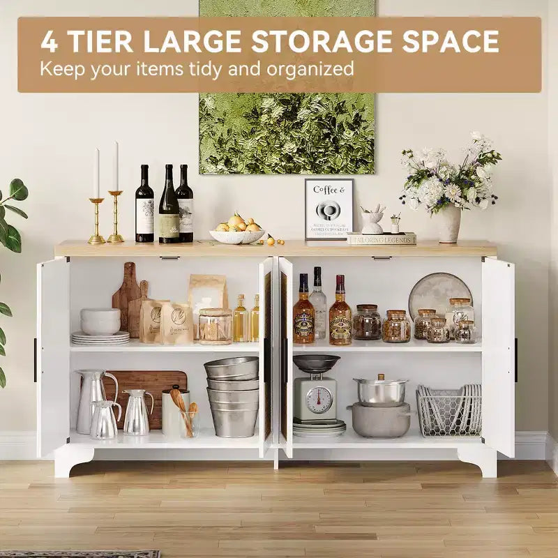 Mobile credenza a buffet in rattan da 62 pollici, armadietto da cucina a 4 ante con ripiani