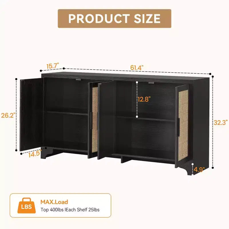 Mobile credenza a buffet in rattan da 62 pollici, armadietto da cucina a 4 ante con ripiani