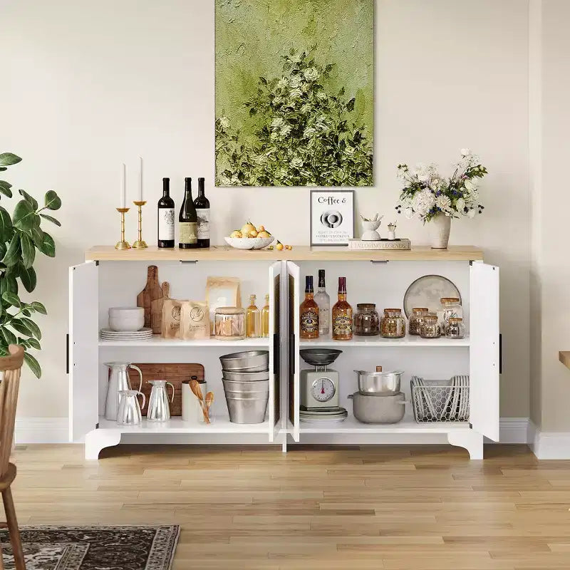Mobile credenza a buffet in rattan da 62 pollici, armadietto da cucina a 4 ante con ripiani