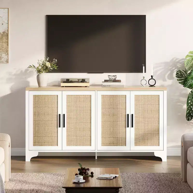 Mobile credenza a buffet in rattan da 62 pollici, armadietto da cucina a 4 ante con ripiani