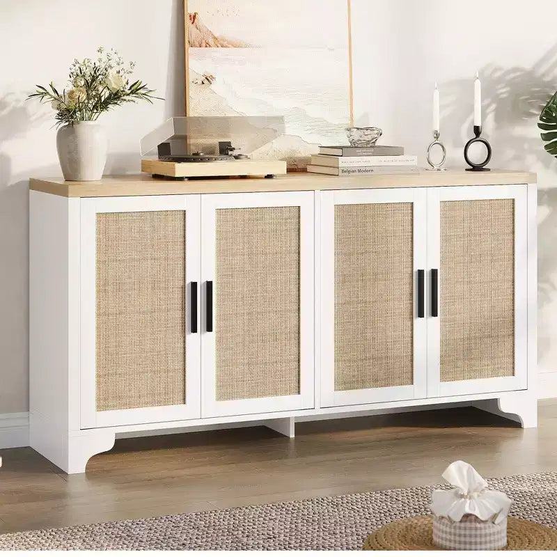 Mobile credenza a buffet in rattan da 62 pollici, armadietto da cucina a 4 ante con ripiani