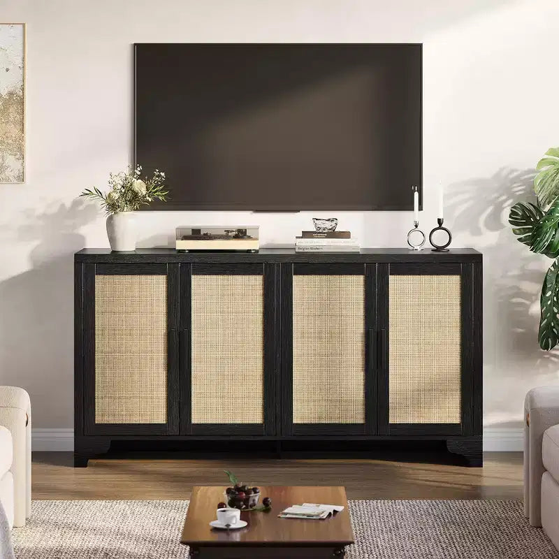 Mobile credenza a buffet in rattan da 62 pollici, armadietto da cucina a 4 ante con ripiani