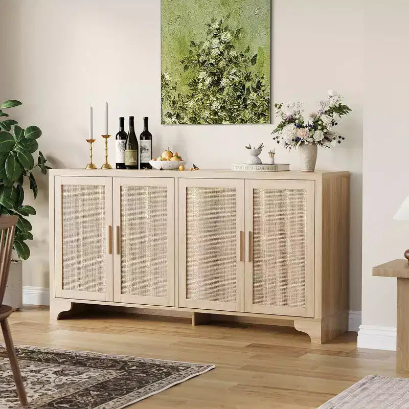 Mobile credenza a buffet in rattan da 62 pollici, armadietto da cucina a 4 ante con ripiani