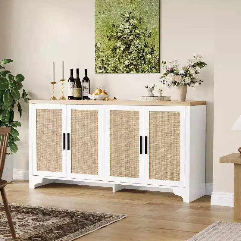 Mobile credenza a buffet in rattan da 62 pollici, armadietto da cucina a 4 ante con ripiani