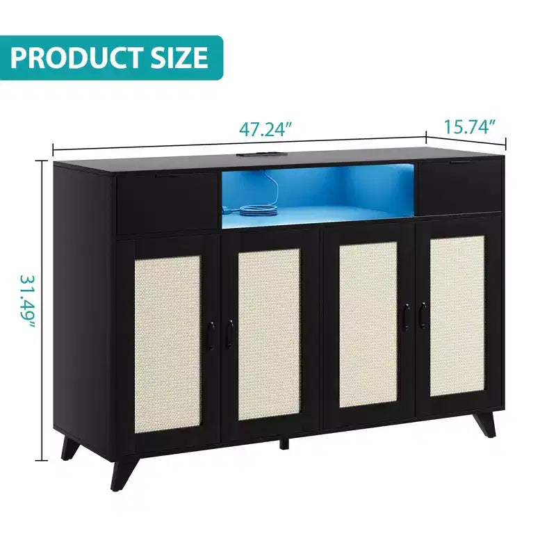 Mobile credenza, buffet con 4 ante in rattan e 2 cassetti, mobile contenitore di design