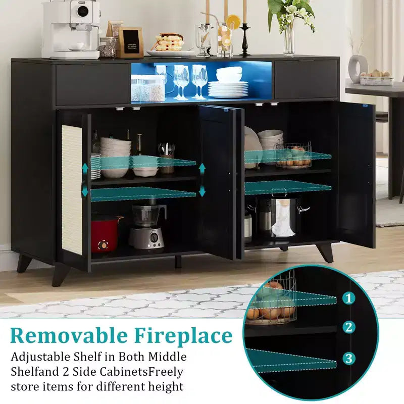 Mobile credenza, buffet con 4 ante in rattan e 2 cassetti, mobile contenitore di design