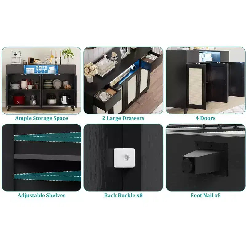 Mobile credenza, buffet con 4 ante in rattan e 2 cassetti, mobile contenitore di design