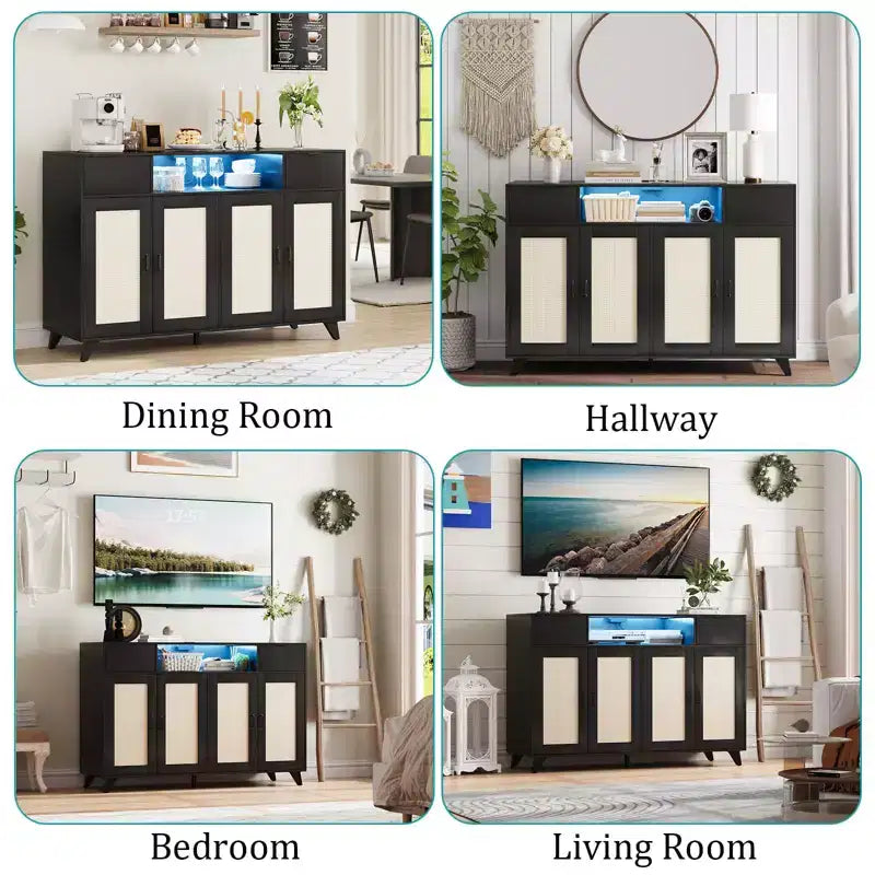 Mobile credenza, buffet con 4 ante in rattan e 2 cassetti, mobile contenitore di design