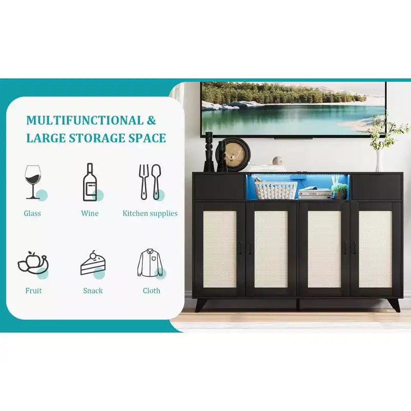 Mobile credenza, buffet con 4 ante in rattan e 2 cassetti, mobile contenitore di design