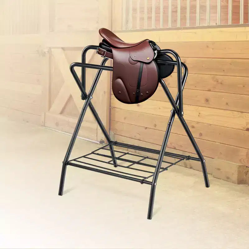 Rastrelliera pieghevole per sella, supporto autoportante per sella da cavallo, porta coperta per cavallo portatile, rastrelliera per sella in acciaio resistente, nero