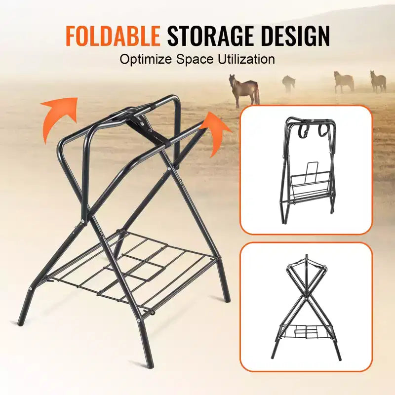 Rastrelliera pieghevole per sella, supporto autoportante per sella da cavallo, porta coperta per cavallo portatile, rastrelliera per sella in acciaio resistente, nero