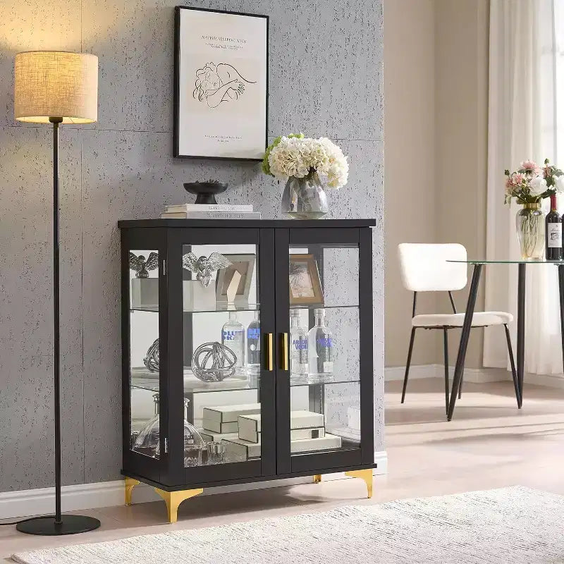 Mobile buffet moderno Kings Brand Furniture con ante in vetro e ripiani regolabili