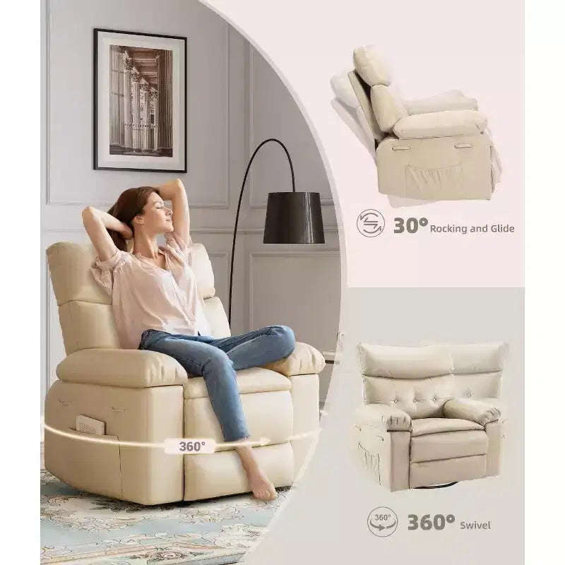 27 Poltrone reclinabili oversize con calore e massaggio, girevoli a 360° e dondolio manuale, telecomando per soggiorno, camera da letto