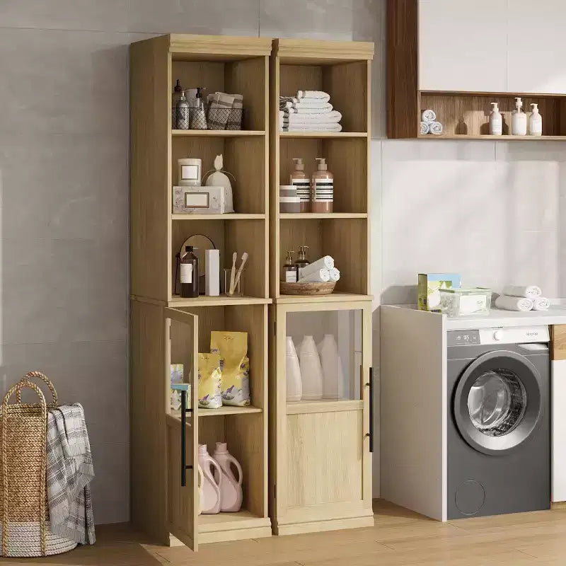 Armadietto contenitore alto e stretto da 70 cm con anta in vetro, ripiani aperti, mobiletto sottile da bagno autoportante per piccoli spazi, cucina, lavanderia, soggiorno