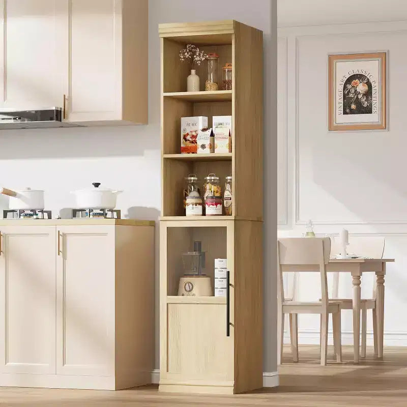 Armadietto contenitore alto e stretto da 70 cm con anta in vetro, ripiani aperti, mobiletto sottile da bagno autoportante per piccoli spazi, cucina, lavanderia, soggiorno