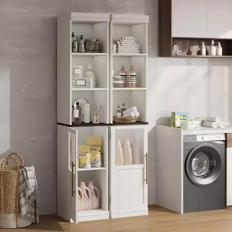 Armadietto contenitore alto e stretto da 70 cm con anta in vetro, ripiani aperti, mobiletto sottile da bagno autoportante per piccoli spazi, cucina, lavanderia, soggiorno