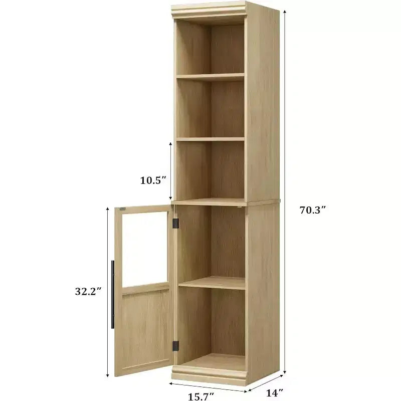 Armadietto contenitore alto e stretto da 70 cm con anta in vetro, ripiani aperti, mobiletto sottile da bagno autoportante per piccoli spazi, cucina, lavanderia, soggiorno