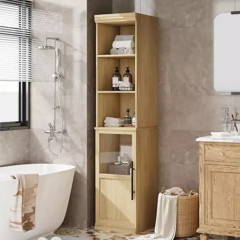 Armadietto contenitore alto e stretto da 70 cm con anta in vetro, ripiani aperti, mobiletto sottile da bagno autoportante per piccoli spazi, cucina, lavanderia, soggiorno