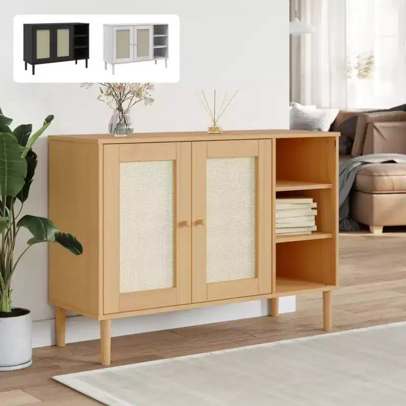 vidaXL Credenza mobile contenitore in simil rattan SENJA in pino massiccio, con 3 scomparti aperti